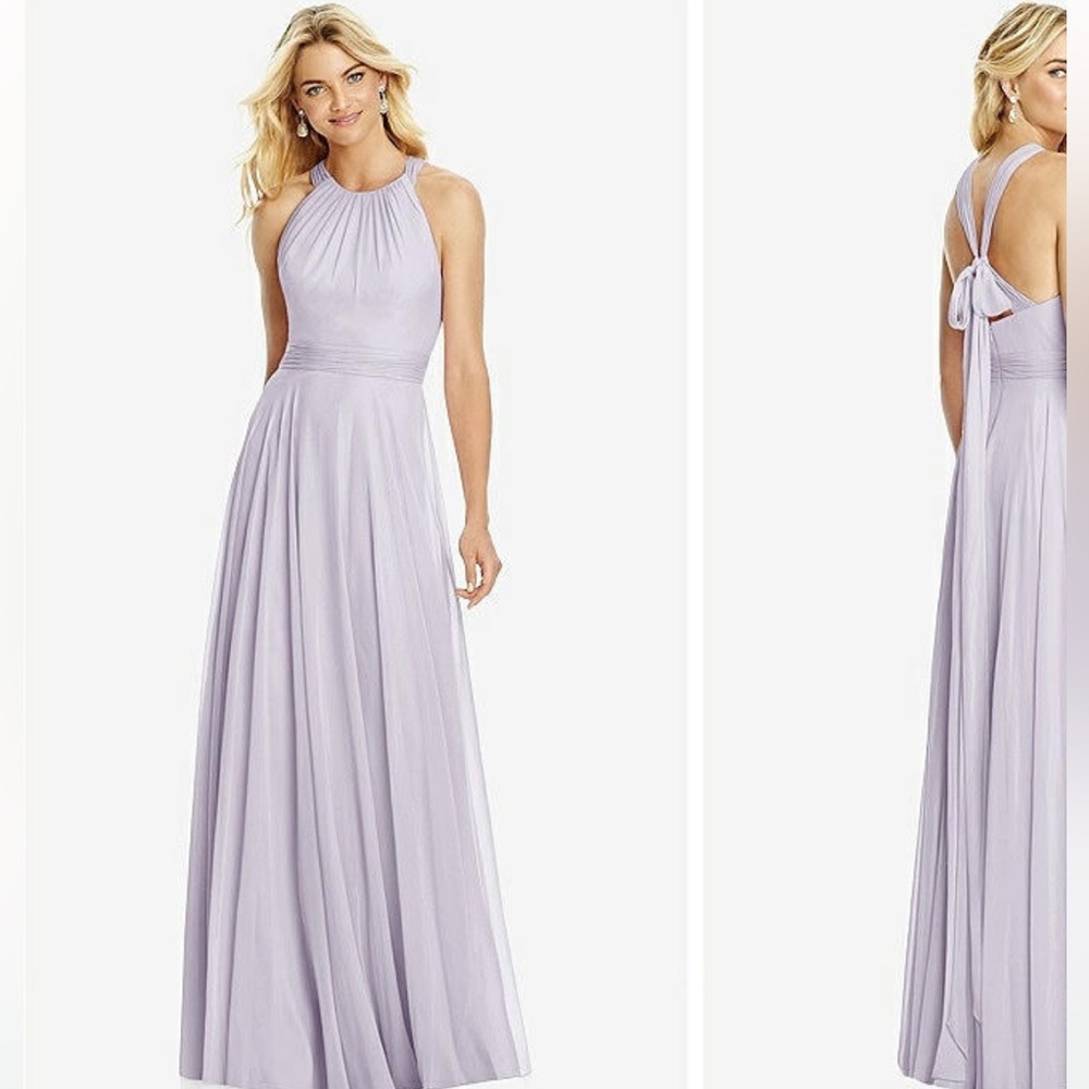 AFTER SIX CROSS STRAP OPEN-BACK HALTER MAXI BRIDESMAID DRESS IN MOONDANCE